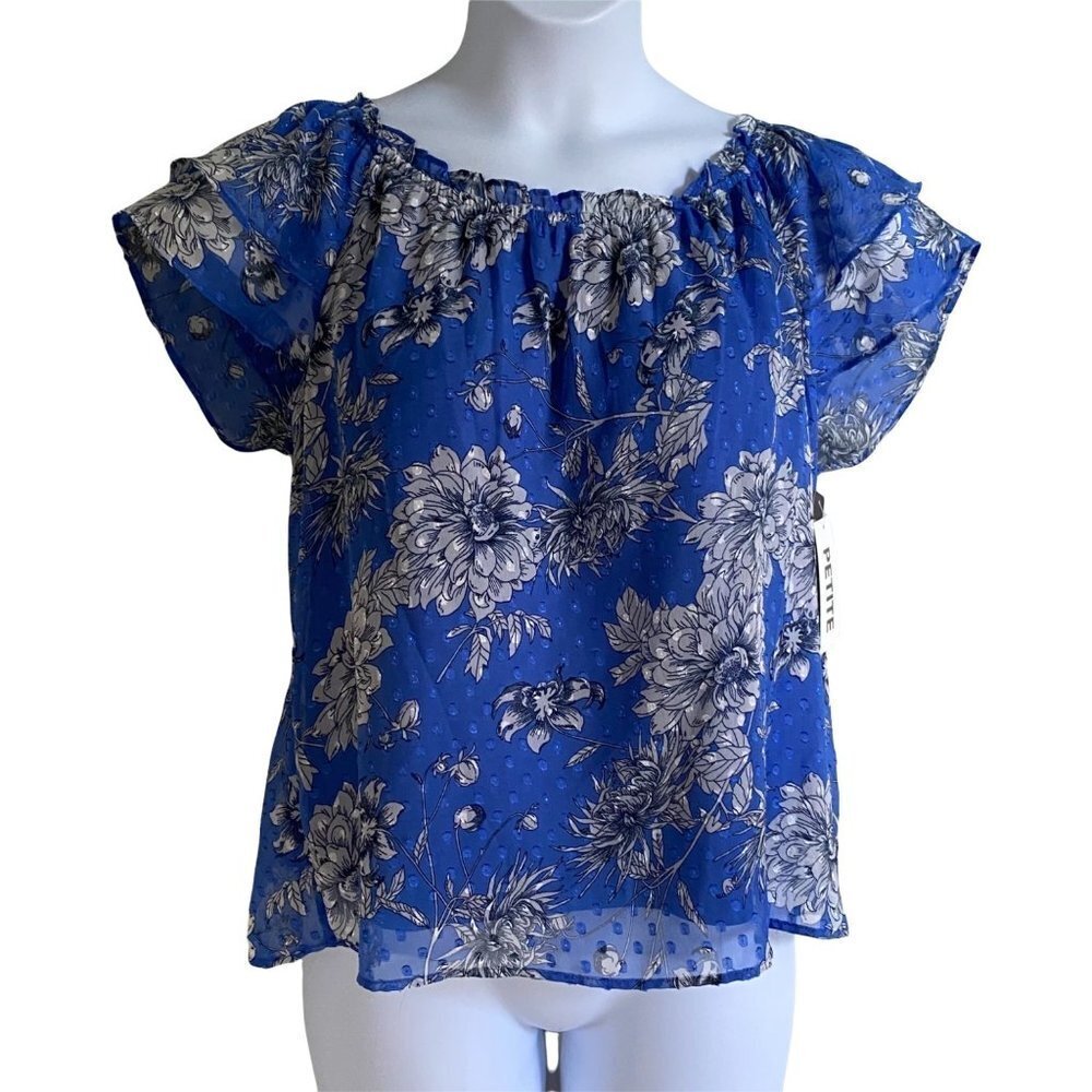Sara Michelle Petite XL Short Sleeve Top Sheer Blue with Flowers New NWT